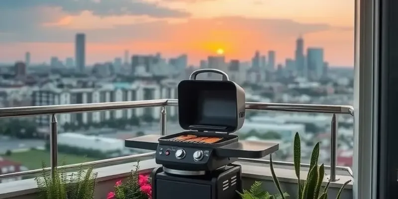 A group of friends celebrating with a safe barbecue meal on an apartment patio, showcasing joy and camaraderie.