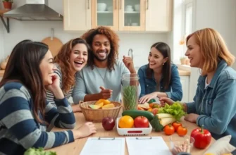 A lively kitchen scene with friends happily preparing a meal together using budget-friendly groceries.