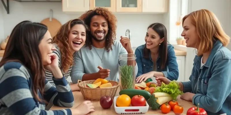 A lively kitchen scene with friends happily preparing a meal together using budget-friendly groceries.
