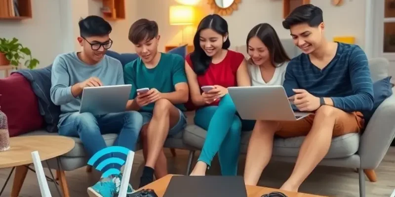 Friends enjoying each other's company while sharing Wi-Fi in a sunlit apartment.