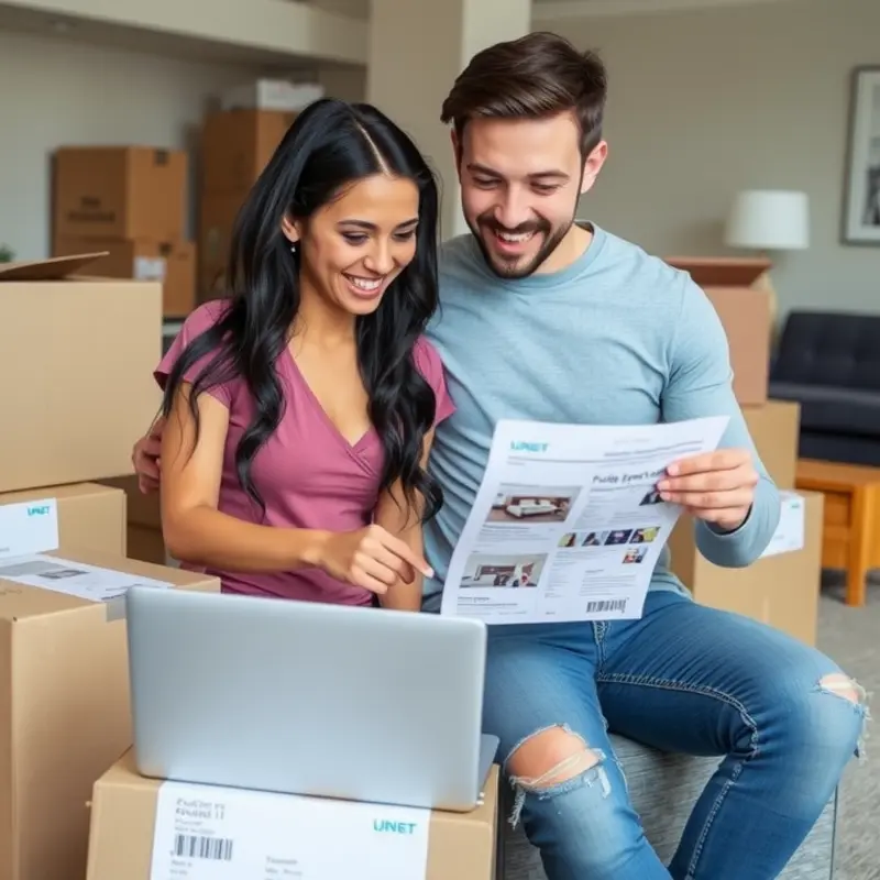 Young couple excitedly searching for furnished apartments.