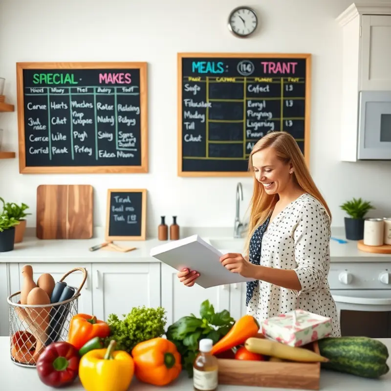 Couples engaged in fun grocery planning in their kitchen.