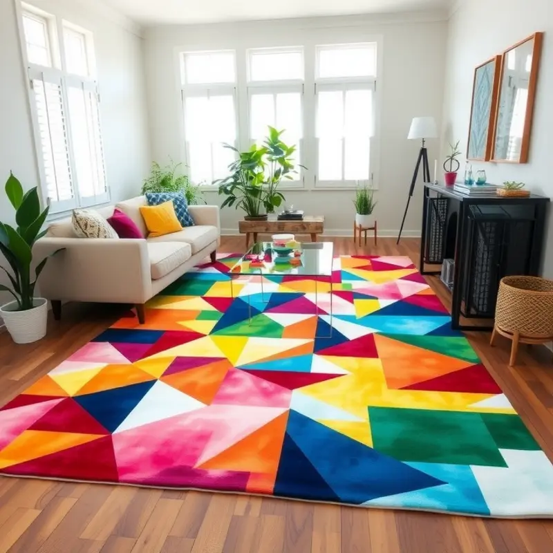 A stunning hand-painted canvas rug adding color to a modern living space.