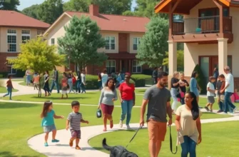 A happy community scene with families and pets sharing joyful moments.