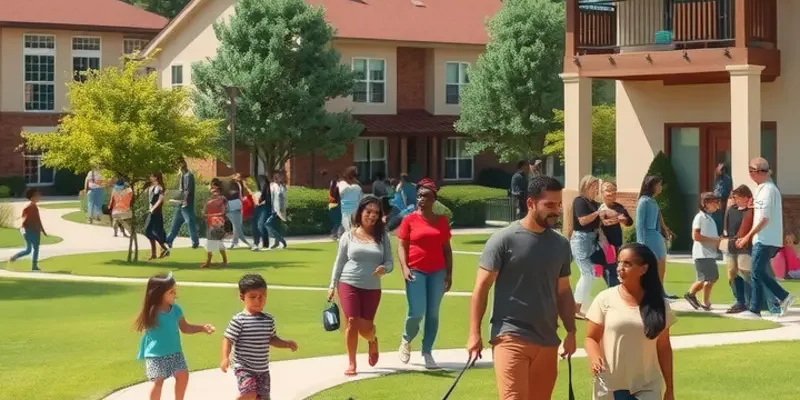 A happy community scene with families and pets sharing joyful moments.