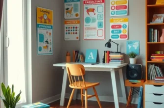 A warm and inviting apartment learning area with bright natural light, bookshelves filled with children's books, and playful pets.