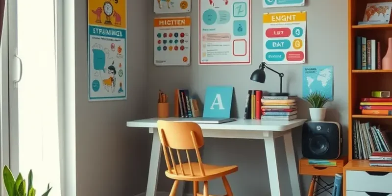 A warm and inviting apartment learning area with bright natural light, bookshelves filled with children's books, and playful pets.