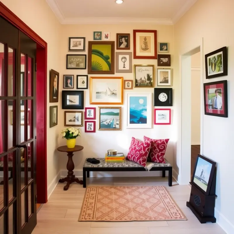 A vibrant gallery wall enhances the entrance’s personality.