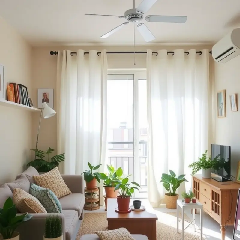 Cozy living room with light curtains allowing soft sunlight to enter.