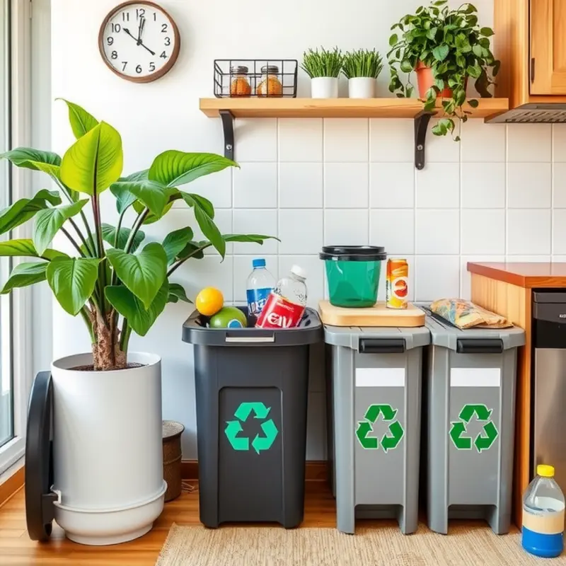 An organized kitchen with a fun recycling station for apartment living.