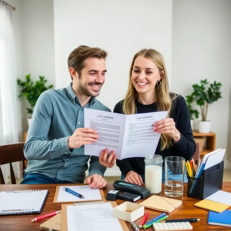 Young couple reviewing their rental lease agreement with enthusiasm.