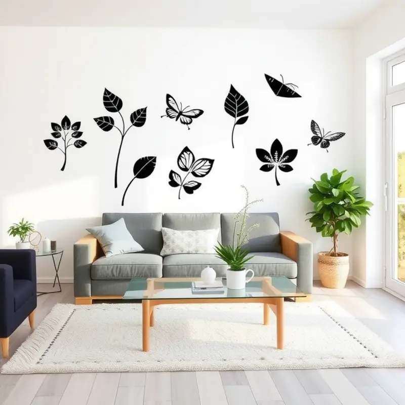 A living room adorned with vibrant wall decals that reflect personal style.