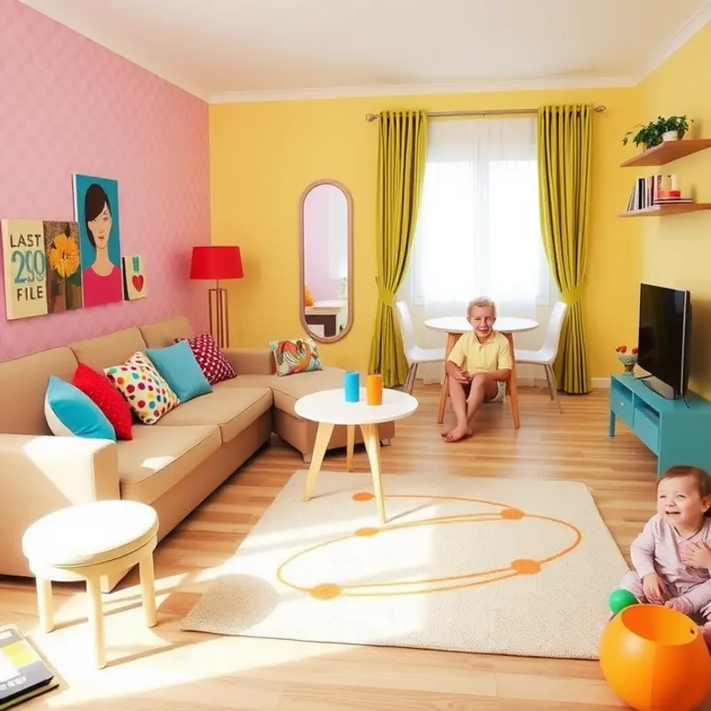 A lively living room with distinct zones for relaxation, dining, and play.