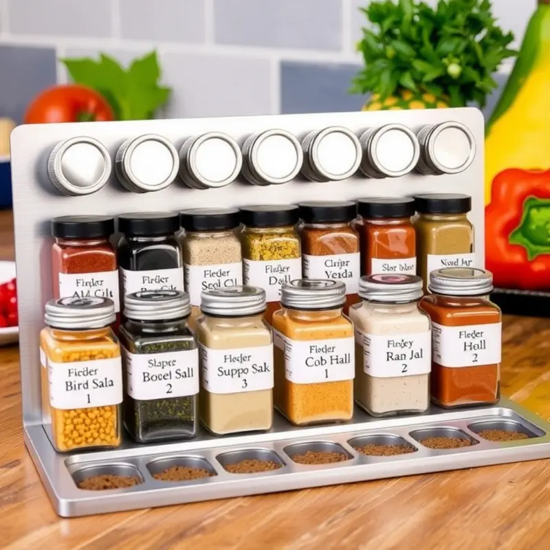 A chic vertical spice rack enhancing kitchen style and organization.