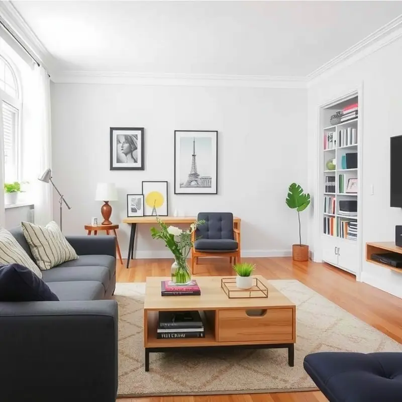 A lively living room with distinct zones for relaxation, dining, and play.