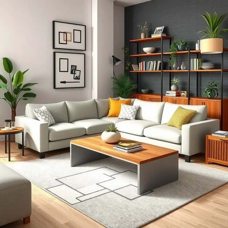 A stylish living room with multifunctional furniture emphasizing both style and utility.