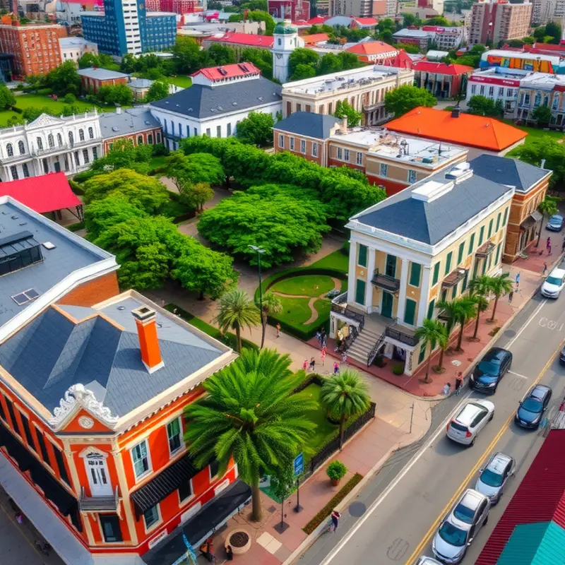 An aerial view of New Orleans highlights the diverse neighborhoods brimming with culture.