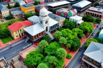 Vibrant street scene in New Orleans, showcasing musicians and colorful buildings.