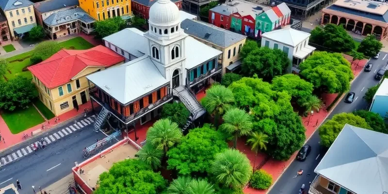 Vibrant street scene in New Orleans, showcasing musicians and colorful buildings.
