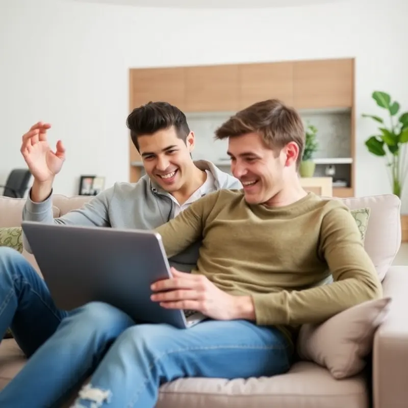 A couple excitedly exploring an online apartment tour together.