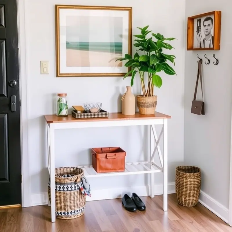 A cheerful yet cluttered apartment entryway showcasing typical challenges.