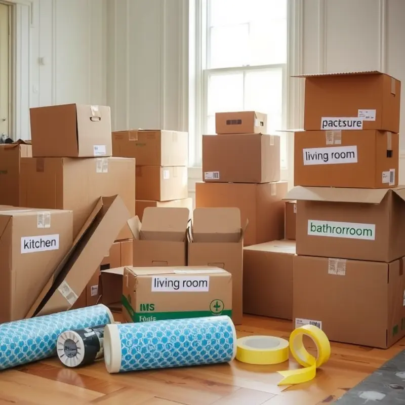 An organized moving space with labeled boxes and packing materials.