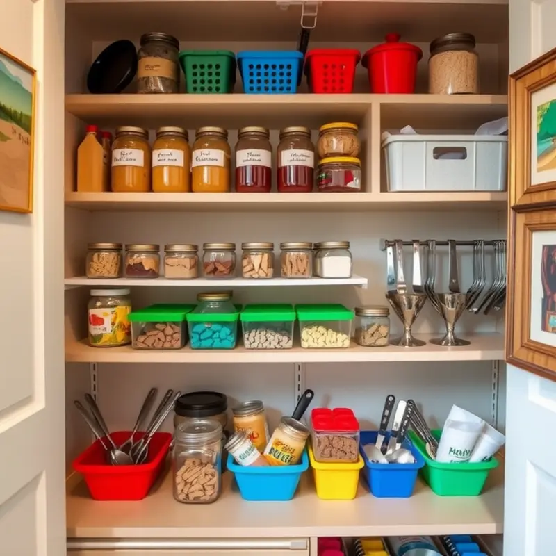 A creative layout of a well-organized pantry, maximizing space with vibrant storage options.