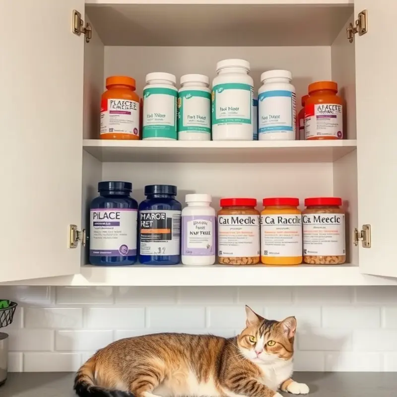 A well-organized space for storing pet medications safely above reach of children.