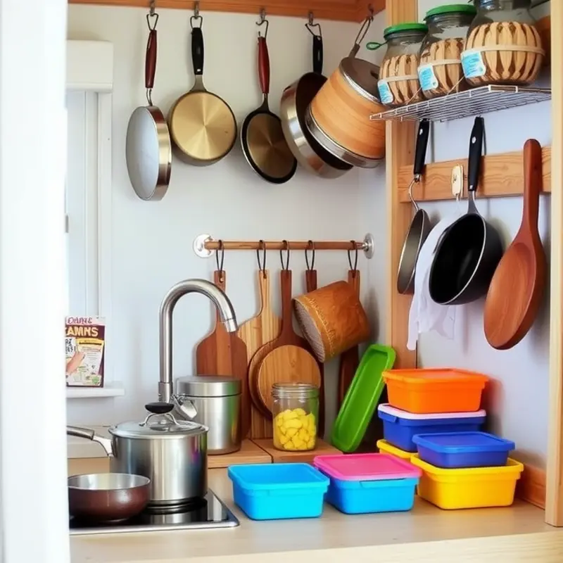A tidy small kitchen ready for meal prepping with stylish storage solutions.