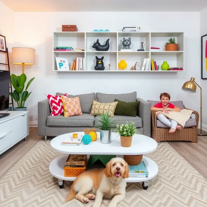 A stylish living room with pet-friendly materials.