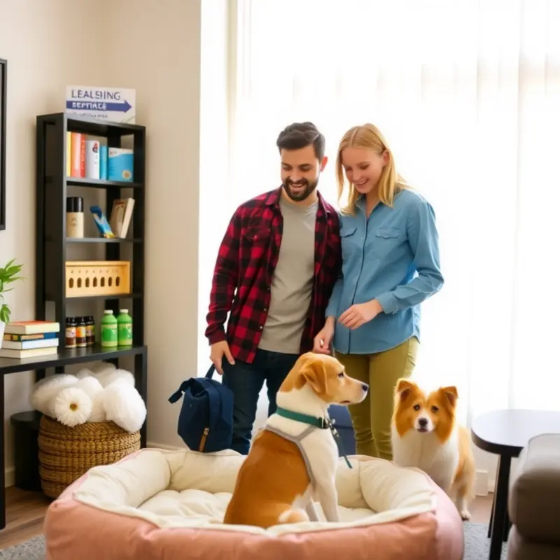 Young renters exploring a pet-friendly apartment space.