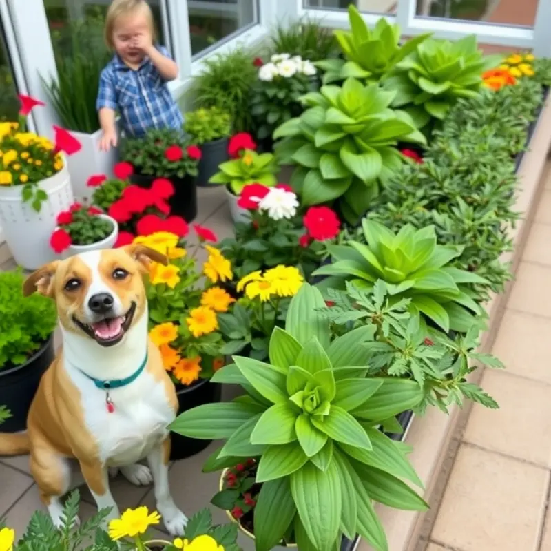 A lively balcony garden featuring pet-safe plants with children and a dog enjoying the space.