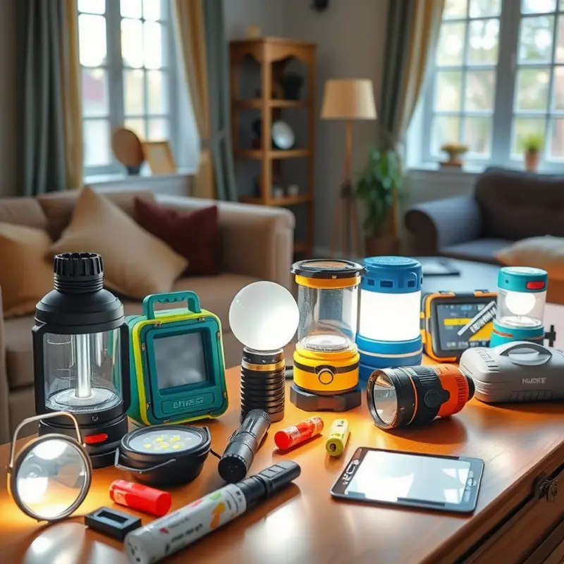 A well-organized display of portable emergency lights ideal for renters.