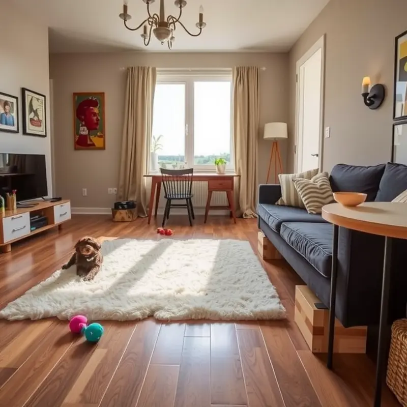A family touring a pet-friendly apartment, highlighting the joy of finding a new home for them and their puppy.