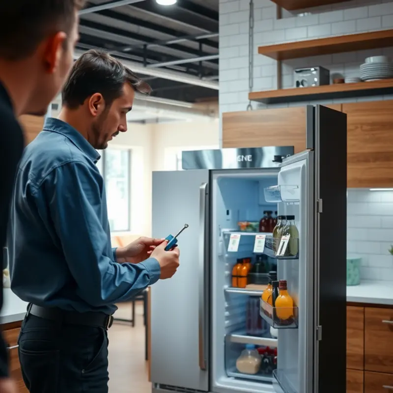 Technician inspecting a rental appliance for safety.