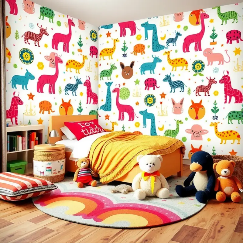 A vibrant kids’ room adorned with removable wallpaper featuring playful animal designs.