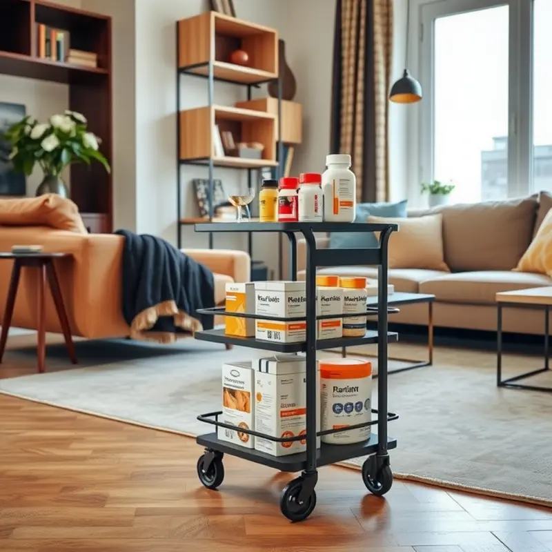 A well-organized space for storing pet medications safely above reach of children.