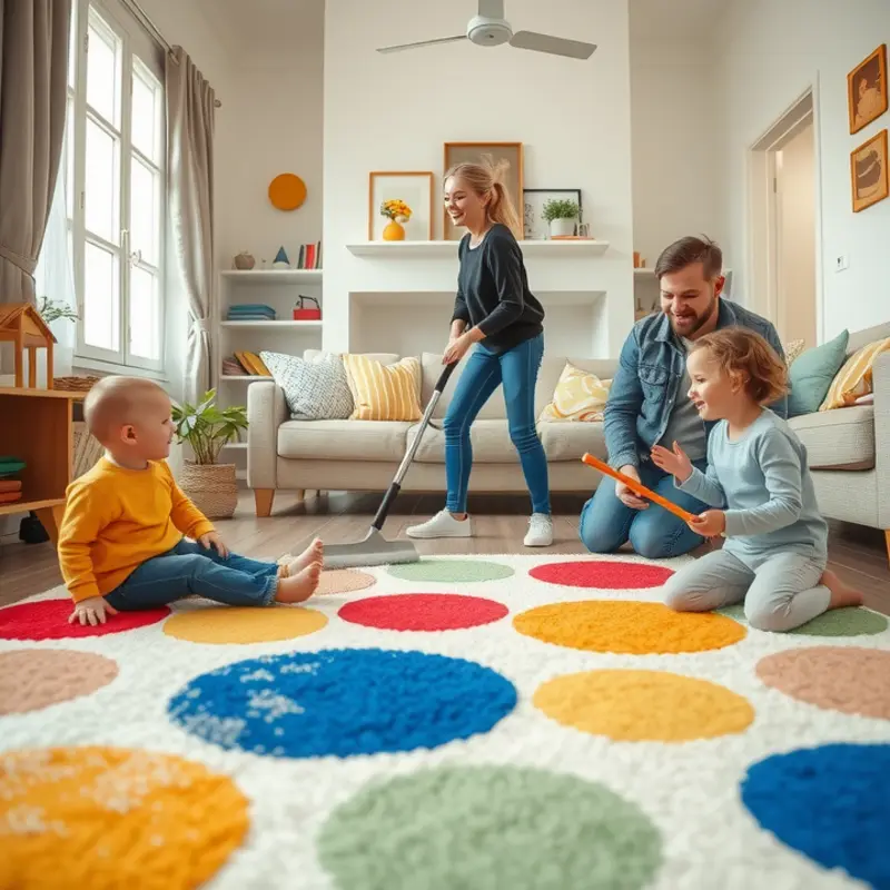 A vibrant living room filled with different styles of renter-friendly rugs.
