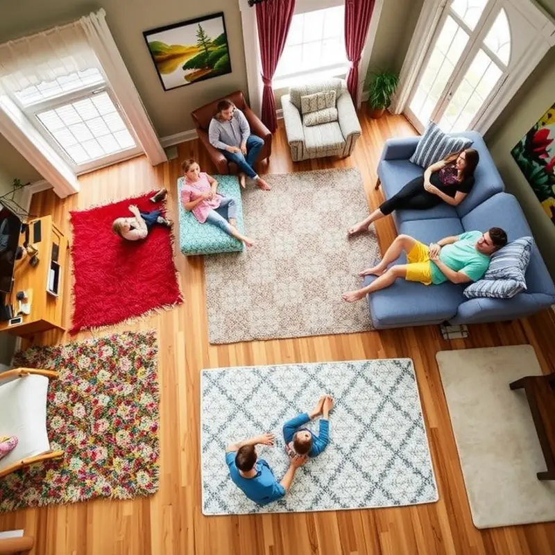 A vibrant living room filled with different styles of renter-friendly rugs.