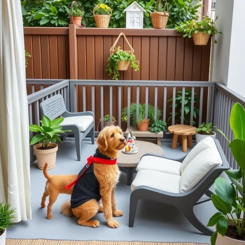 A lively balcony garden featuring pet-safe plants with children and a dog enjoying the space.