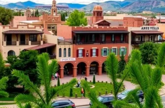 A breathtaking sunset over Santa Fe, highlighting adobe homes and majestic mountains.