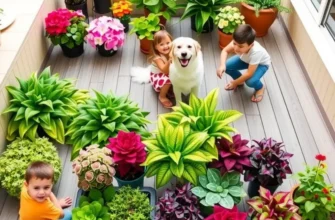 A bright and colorful balcony garden with a family and pets enjoying the outdoor space.