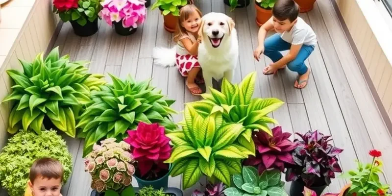 A bright and colorful balcony garden with a family and pets enjoying the outdoor space.