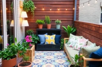 A serene outdoor patio at sunset featuring string lights and comfortable seating, creating a beautiful atmosphere.