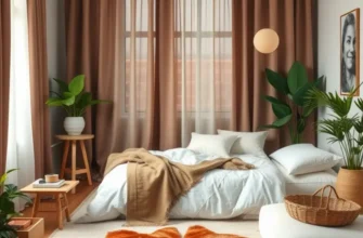A peaceful bedroom featuring soft lighting, cozy blankets, and decoration elements promoting a relaxing atmosphere.