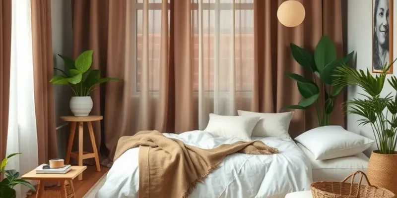 A peaceful bedroom featuring soft lighting, cozy blankets, and decoration elements promoting a relaxing atmosphere.