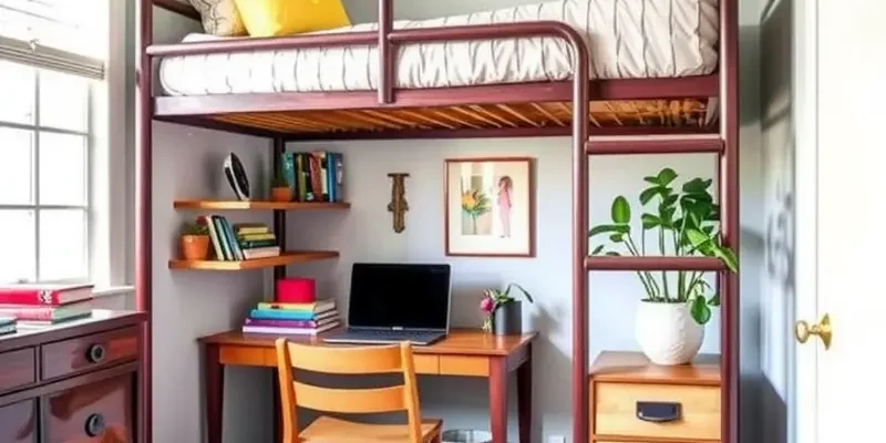 A beautifully organized small bedroom showcasing creative storage options and stylish decor.