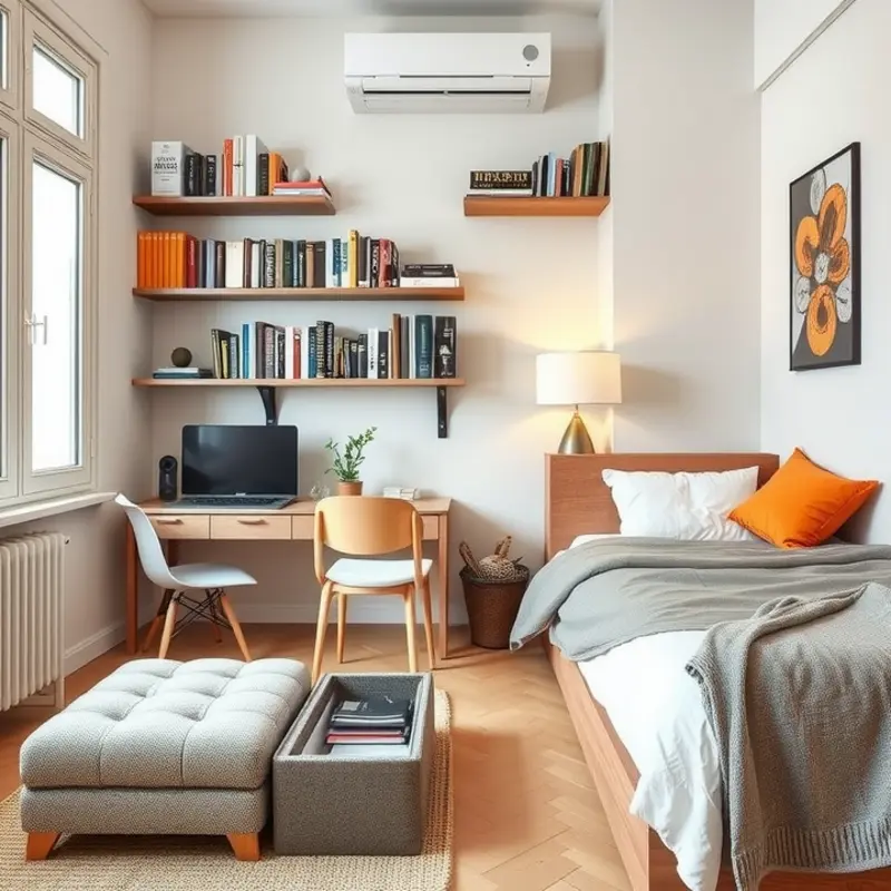 A vibrant, color-infused small living space with cozy textures and wall decor.