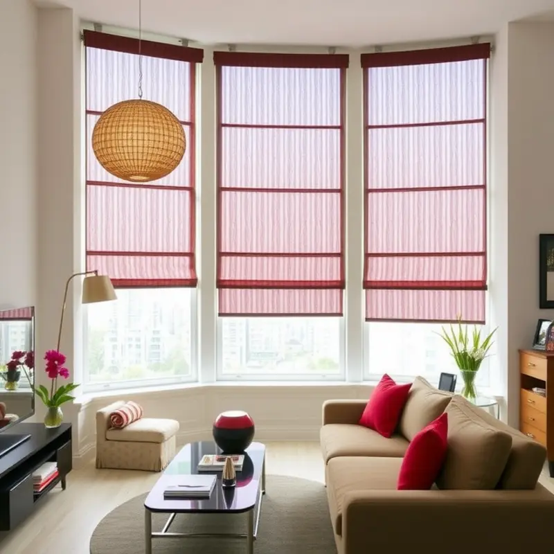 Cozy living room with light curtains allowing soft sunlight to enter.