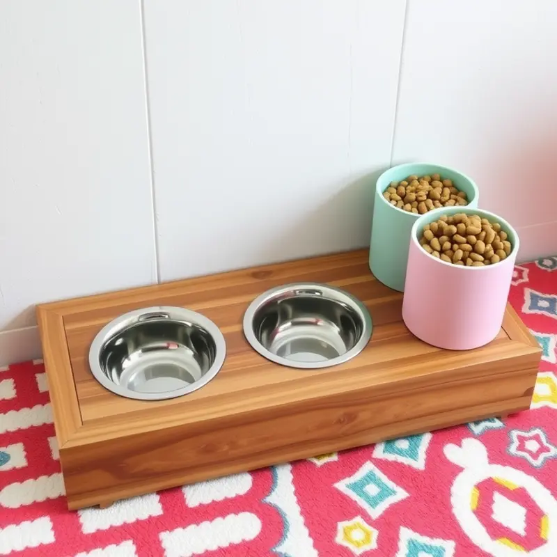 A chic feeding station designed for pets using reclaimed wood and trendy decorative containers.
